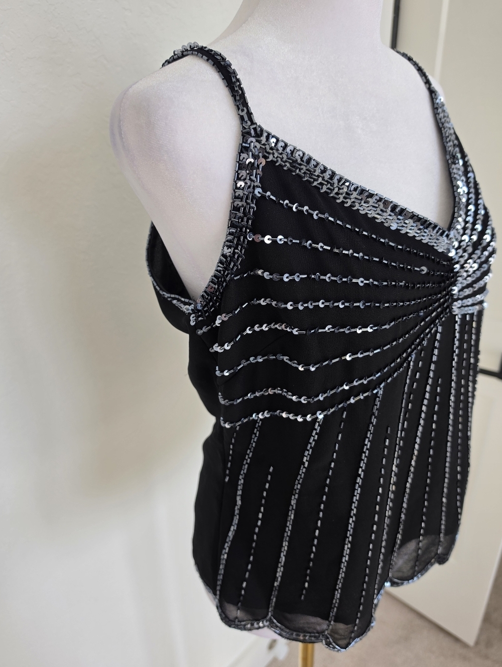 Vintage 90s Beaded Sequin Top Y2K Sheer Black Party Coquette Goth M - Picture 11 of 13